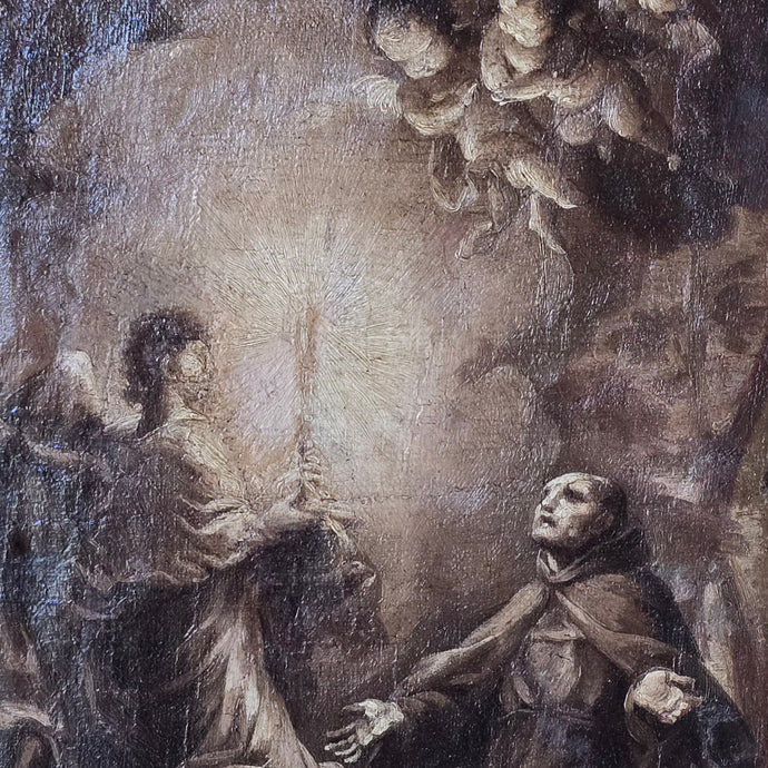 early-mono-chrome-religious-painting-manner-of-francesco-vanni-depict-vision-francesco-di-of-paola-portrays-figure-religious-habit-arms-out-stretched-palms-upwards-reverence-heavenly-host-candle-bright-light-reflecting-faces-putti-baroque-counter-reformation-period-16th-17th-18th-sienese-siena-school-preparatory-work-grand-painting-atmospheric-scene. The painting-good-condition-re-lined-conservation-work-bespoke-parcel-gilt-frame-for-sale-stow-on-the-wold-cotswolds-damon-blandford-antiques