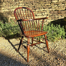 Load image into Gallery viewer, Lovely-colour-19th-century-windsor-arm-chair-low-hoop-stick-back-arm-rests-nicely-turned-supports-rare-alder-wood-saddled-seat-raised-on-turned-legs-h-shape-stretchers-design-north-east-or-thames-valley-areas-alder-shaped-comfortable-chair-excellent-condition-contemporary-period-settings-seating-for-sale-damon-blandford-antiques-stow-on-the-wold-cotswold-antiques
