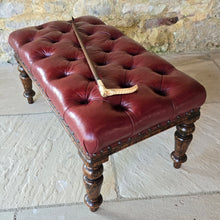 Load image into Gallery viewer, Striking-19th-century-stool-good-size-proportions-upholstered-deep-buttoned-oxblood-red-leather-turned-faux-bois-legs-simulated-rosewood-black-golden-brown-colours-eye-catching-furniture-function-well-living-room-bed-room-hall-riding-crop-whip-bdsm-for-sale-damon-blandford-antiques-stroud-cotswolds
