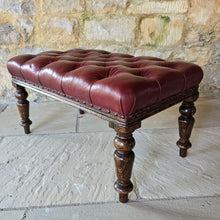 Load image into Gallery viewer, Striking-19th-century-stool-good-size-proportions-upholstered-deep-buttoned-oxblood-red-leather-turned-faux-bois-legs-simulated-rosewood-black-golden-brown-colours-eye-catching-furniture-function-well-living-room-bed-room-hall-crop-whip-bdsm-for-sale-damon-blandford-antiques-stroud-cotswolds
