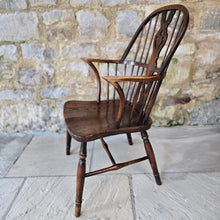 Load image into Gallery viewer, well-proportioned-hoop-stick-high-back-windsor-armchair-constructed-ash-saddled-elm-seat-central-shaped-splat-pierced-decoration-arm-bow-concave-shape-underarm-supports-turned-legs-H-shape-stretcher-comfortable-good-colour-buckinghamshire-lincolnshire-english-circa-1790-1800-1810-1820-for-sale-damon-blandford-antiques-stow-on-the-wold-cotswolds-antique-regional-provincial-furniture-seating
