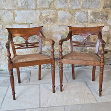 Load image into Gallery viewer, very-attractive-pair-19th-century-anglo-indian-colonial-armchairs-raffles-style-beautifully-hand-carved-teak-back-deep-shaped-crest-rails-scrolled-ends-reeded-mid-rails-down-swept-arms-baluster-shape-supports-caned-seats-fluted-legs-front-square-swept-legs-rear-attractive-comfortable-circa-1850-s-for-sale-damon-blandford-antiques-stow-on-the-wold
