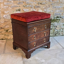 Load image into Gallery viewer, really-good-18th-century-early-oak-log-bin-small-faux-chest-three-drawers-moulded-lift-up-top-fitted-interior-removable-zinc-storage-bin-original-brass-drop-handles-bracket-feet-excellent-condition-good-colour-wear-velvet-seat-pad-informal-fireside-seat-for-sale-stow-on-the-wold-damon-blandford-antiques-cotswolds
