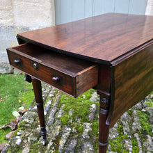 Load image into Gallery viewer, Fine-quality-late-19th-century-georgian-drop-leaf-pembroke-table-butterfly-shaped-top-frieze-drawer-bramah-lock-false-drawer-front-turned-wooden-drawer-pulls-tapered-ring-turned-legs-original-brass-cup-castors-really-attractive-useful-occasional-table-excellent-colour-for-sale-damon-blandford-antiques-cotswolds-stow-on-the-wold
