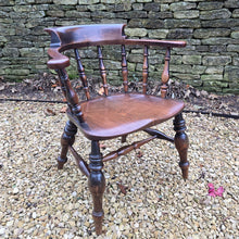 Load image into Gallery viewer, Well-proportioned-19th-century-ash-elm-captains-smokers-bowback-armchair-features-wide-bow-back-deep-scrolled-crest-rail-ring-turned-spindles-well-figured-saddle-seat-bulbous-baluster-shape-legs-H-shape-stretcher-DC-good-solid-comfortable-chair-excellent-condition-for-sale-damon-blandford-antiquesd-stow-on-the-wold-cotswolds
