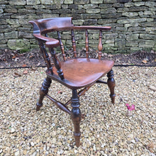 Load image into Gallery viewer, Well-proportioned-19th-century-ash-elm-captains-smokers-bowback-armchair-features-wide-bow-back-deep-scrolled-crest-rail-ring-turned-spindles-well-figured-saddle-seat-bulbous-baluster-shape-legs-H-shape-stretcher-DC-good-solid-comfortable-chair-excellent-condition-for-sale-damon-blandford-antiquesd-stow-on-the-wold-cotswolds
