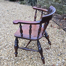 Load image into Gallery viewer, Well-proportioned-19th-century-ash-elm-captains-smokers-bowback-armchair-features-wide-bow-back-deep-scrolled-crest-rail-ring-turned-spindles-well-figured-saddle-seat-bulbous-baluster-shape-legs-H-shape-stretcher-DC-good-solid-comfortable-chair-excellent-condition-for-sale-damon-blandford-antiquesd-stow-on-the-wold-cotswolds
