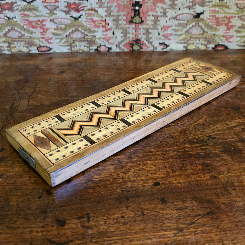 game-cards-cribbage-very-nicely-inlaid-antique-cribbage-board-all-four-pegs-chevron-design through the central-attractive-excellent-present-english-circa-1900-for-sale-damon-blandford-antiques-stow-on-the-wold-cotswolds