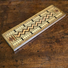 Load image into Gallery viewer, game-cards-cribbage-very-nicely-inlaid-antique-cribbage-board-all-four-pegs-chevron-design through the central-attractive-excellent-present-english-circa-1900-for-sale-damon-blandford-antiques-stow-on-the-wold-cotswolds
