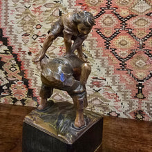 Load image into Gallery viewer, Good-19th-century-wood-carving-two boys-playing-leap-frog-single-block-linden-wood-finely-carved-folds-in-cloths-waves-in-hair-beautifully-capture-movement-wonderful-sculpture-freedom-joy-youth-european-for-sale-damon-blandford-antiques-stow-on-the-wold-cotswolds
