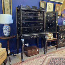 Load image into Gallery viewer, Very-fine-rare-19th-century-cabinet-on-stand-japanese-taste-hard-wood-timber-papier-mache-panels-black-lacquer-inset-mother-of-pearl-decoration-very-high-quality-gilt-metal-fittings-five-graduated-drawers-shaped-cornice-mouldings-gold-flakes-decorative-appeal-splendid-furniture-excellent-condition-restoration-jennens-&amp;-bettridge-english-circa-1850s-for-sale-damon-blandford-antiques-stow-on-the-wold-cotswolds
