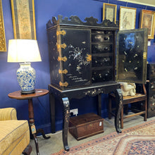 Load image into Gallery viewer, Very-fine-rare-19th-century-cabinet-on-stand-japanese-taste-hard-wood-timber-papier-mache-panels-black-lacquer-inset-mother-of-pearl-decoration-very-high-quality-gilt-metal-fittings-five-graduated-drawers-shaped-cornice-mouldings-gold-flakes-decorative-appeal-splendid-furniture-excellent-condition-restoration-jennens-&amp;-bettridge-english-circa-1850s-for-sale-damon-blandford-antiques-stow-on-the-wold-cotswolds
