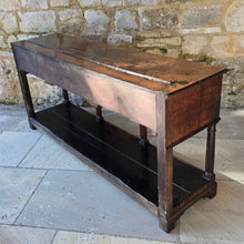 Load image into Gallery viewer, good-early-19th-century-welsh-oak-dresser-base-three-drawers-cock-beading-original-turned-wooden-drawer-pulls-apron-applied-moulded-edge-turned-supports-pot-board-bracket-feet-good-colour-excellent-condition-for-sale-damon-blandford-antiques-stow-on-the-wold-cotswolds
