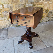 Load image into Gallery viewer, excellent-quality-table-features-cuban-mahogany-top-two-drop-leaves-two-faux-two-working-drawers-fitted-writing-slope-cock-beading-decorative-brass-knob-drawers-pulls-reeded-baluster-shape-pedestal-plinth-base-lion-paw-feet-good-condition-attractive-use-sofa-side-lamp-table-english-circa-1830-for-sale-damon-blandford-antiques-stow-on-the-wold-cotswold
