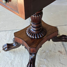 Load image into Gallery viewer, excellent-quality-table-features-cuban-mahogany-top-two-drop-leaves-two-faux-two-working-drawers-fitted-writing-slope-cock-beading-decorative-brass-knob-drawers-pulls-reeded-baluster-shape-pedestal-plinth-base-lion-paw-feet-good-condition-attractive-use-sofa-side-lamp-table-english-circa-1830-for-sale-damon-blandford-antiques-stow-on-the-wold-cotswold
