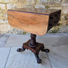 Load image into Gallery viewer, excellent-quality-table-features-cuban-mahogany-top-two-drop-leaves-two-faux-two-working-drawers-fitted-writing-slope-cock-beading-decorative-brass-knob-drawers-pulls-reeded-baluster-shape-pedestal-plinth-base-lion-paw-feet-good-condition-attractive-use-sofa-side-lamp-table-english-circa-1830-for-sale-damon-blandford-antiques-stow-on-the-wold-cotswold
