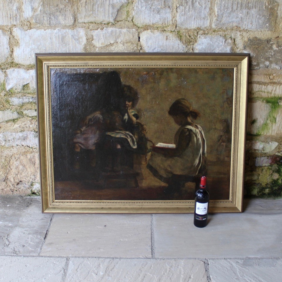 oil-on-canvas-welsh-female-artist-mia-arnesby-brown-nee-edwards-painting-girl-reading-stool-settle-technically-wonderful-use-of-light-exceptionally-excellent-dimly-lit-rustic-interior-light-source-book-pages-folds-in-dress-illuminated-contrast-shadows-atmospheric-beautiful-gentle-scene-professionally-cleaned-art-conservator-children-exhibited-royal-academy-of-arts-london-mary-reading-garden-boy-national-museum-wales-norfolk-museums-service-leamington-spa-art-gallery-for-sale-damon-blandford-antiques