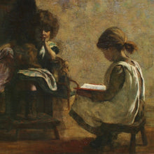 Load image into Gallery viewer, oil-on-canvas-welsh-female-artist-mia-arnesby-brown-nee-edwards-painting-girl-reading-stool-settle-technically-wonderful-use-of-light-exceptionally-excellent-dimly-lit-rustic-interior-light-source-book-pages-folds-in-dress-illuminated-contrast-shadows-atmospheric-beautiful-gentle-scene-professionally-cleaned-art-conservator-children-exhibited-royal-academy-of-arts-london-mary-reading-garden-boy-national-museum-wales-norfolk-museums-service-leamington-spa-art-gallery-for-sale-damon-blandford-antiques
