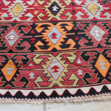Load image into Gallery viewer, two-technic-turkish-flat-weave-kilim-sivrihisar-central-anatolia-naturally-dyed-hand-spun-sheep-wool-black-yellow-orange-white-ram-horn-motifs-geometric-design-red-field-surrounded-by-narrow-boarder-symbols-of-power-1950s-60s-for-sale-damon-blandford-antiques-stroud-stow-on-the-wold-cotswolds-gloucestershire-oxfordshire-interior-design-decoration-soft-furnishings-carpet-rug
