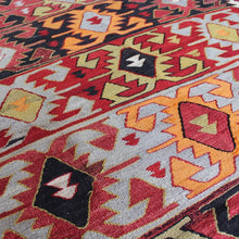 Load image into Gallery viewer, two-technic-turkish-flat-weave-kilim-sivrihisar-central-anatolia-naturally-dyed-hand-spun-sheep-wool-black-yellow-orange-white-ram-horn-motifs-geometric-design-red-field-surrounded-by-narrow-boarder-symbols-of-power-1950s-60s-for-sale-damon-blandford-antiques-stroud-stow-on-the-wold-cotswolds-gloucestershire-oxfordshire-interior-design-decoration-soft-furnishings-carpet-rug
