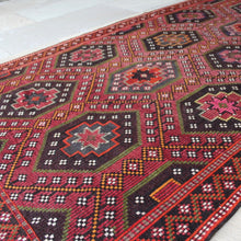 Load image into Gallery viewer, attractive-hard-wearing-floor-rug-konya-central-anatolia-rug-hand-woven-loom-goats-yarn-over-embroidered-traditional-method-cicim-hand-embroidered-geometric-design-hexagon-shape-motifs-eye-motif-central-star-outer-boarder-predominantly-pinks-browns-green-grey-orange-gold-colours-naturally-dyed-yarns-geometric-design-bold-contemporary-traditional-dining-room-kitchen-high-traffic-area-for-sale-damon-blandford-antiques-vintage-kilim-interior-design-stow-on-the-wold
