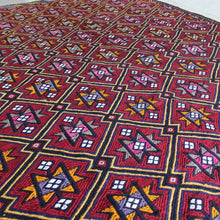 Load image into Gallery viewer, good-hard-wearing-floor-kilim-rug-konya-central-anatolia-hand-woven-goats-yarn-fibers-more-course-flat-weave-over-embroidered-traditional-method-Cicim-geometric-design-features-star-motifs-predominantly-gold-pink-grey-deep-red-golden-colour-overlapping-interconnecting-diamond-shape-border-naturally-dyed-yarns-contemporary-or-traditional-dining-room-kitchen-high-traffic-area-for-sale-damon-blandford-antiques-stow-on-the-wold-cotswolds-interiors
