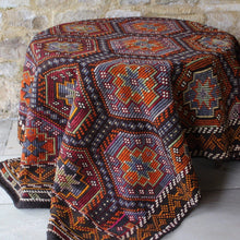 Load image into Gallery viewer, good-hard-wearing-floor-rug-konya-central-anatolia-hard-wearing-woven-from-goats yarn-fibers-more-course-flat-weave-over-embroidered-traditional-method-cicim-geometric-design-eye-star-motifs-interconnecting-hexagon-shape-boarders-predominantly-brown-orange-green-red-off-white-colours-naturally-dyed-yarns-contemporary-or-traditional-setting-dining-room-kitchen-high-traffic-area-konya-circa-1930s-for-sale-damon-blandford-antiques-vintage-stow-on-the-wold-cotswolds-interiors
