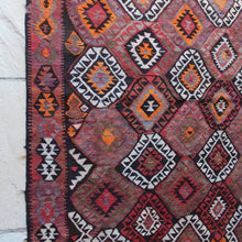 Load image into Gallery viewer, flat-weave-turkish-kilim-rug-anatolia-fairly-naive-village-rug-1940s-50s-60s-rare-naturally-dyed-purple-colour-design-protective-motifs-repeating-hooks-star-shape-motifs-happiness-fertility-attractive-red-purple-orange-brown-green-cream-colour-sheep-wool yarns-for-sale-damon-blandford-antiques-stow-on-the-wold-cotaswolds-interior-design
