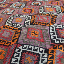 Load image into Gallery viewer, flat-weave-turkish-kilim-rug-anatolia-fairly-naive-village-rug-1940s-50s-60s-rare-naturally-dyed-purple-colour-design-protective-motifs-repeating-hooks-star-shape-motifs-happiness-fertility-attractive-red-purple-orange-brown-green-cream-colour-sheep-wool yarns-for-sale-damon-blandford-antiques-stow-on-the-wold-cotaswolds-interior-design
