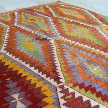 Load image into Gallery viewer, 1940&#39;s Fethiye Kilim Rug of Geometric Design with Cicim Highlights
