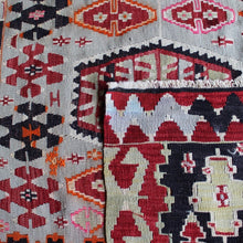 Load image into Gallery viewer, kilim-hand-woven-using-traditional-flat-weaving-techniques-esme-west-turkey-rug-features-light-grey-hand-spun-wool-yarn-rare-unusual-colour-complex-geometric-design-medallions-motifs-fetter-symbolising-continuity-of-family-union-boarder-feature-repeating-motifs-rams-horn-motifs-symbols-power-fertility-predominantly-light-grey-green-red-brown-cream-pink-colours-finely-woven-sophistication-for-sale-damon-blandford-antiques-stow-on-the-wold-cotswolds-interior-design
