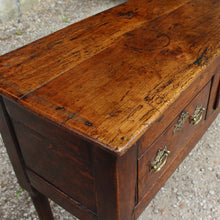 Load image into Gallery viewer, really-good-colour-provincial-cherrywood-serving-console-sofa-table-george-II-III-georgian-two-plank-top-applied-mouldings-three-drawers-rebated-butt-joint-construction-carved-cock-beading-pierced-brass handles-escutcheons-apron-panels-circular-tapered-legs-incredibly-attractive-table-fabulous-patination-good-usable-condition-time-worn-appearance-tremendous-aesthetic-appeal-small-proportions-northern-england-circa-1760-for-sale-damon-blandford-antiques-stow-on-the-wold-cotswolds-decorative-interiors-design
