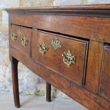 Load image into Gallery viewer, really-good-colour-provincial-cherrywood-serving-console-sofa-table-george-II-III-georgian-two-plank-top-applied-mouldings-three-drawers-rebated-butt-joint-construction-carved-cock-beading-pierced-brass handles-escutcheons-apron-panels-circular-tapered-legs-incredibly-attractive-table-fabulous-patination-good-usable-condition-time-worn-appearance-tremendous-aesthetic-appeal-small-proportions-northern-england-circa-1760-for-sale-damon-blandford-antiques-stow-on-the-wold-cotswolds-decorative-interiors-design
