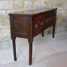 Load image into Gallery viewer, really-good-colour-provincial-cherrywood-serving-console-sofa-table-george-II-III-georgian-two-plank-top-applied-mouldings-three-drawers-rebated-butt-joint-construction-carved-cock-beading-pierced-brass handles-escutcheons-apron-panels-circular-tapered-legs-incredibly-attractive-table-fabulous-patination-good-usable-condition-time-worn-appearance-tremendous-aesthetic-appeal-small-proportions-northern-england-circa-1760-for-sale-damon-blandford-antiques-stow-on-the-wold-cotswolds-decorative-interiors-design
