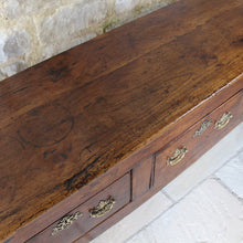 Load image into Gallery viewer, really-good-colour-provincial-cherrywood-serving-console-sofa-table-george-II-III-georgian-two-plank-top-applied-mouldings-three-drawers-rebated-butt-joint-construction-carved-cock-beading-pierced-brass handles-escutcheons-apron-panels-circular-tapered-legs-incredibly-attractive-table-fabulous-patination-good-usable-condition-time-worn-appearance-tremendous-aesthetic-appeal-small-proportions-northern-england-circa-1760-for-sale-damon-blandford-antiques-stow-on-the-wold-cotswolds-decorative-interiors-design
