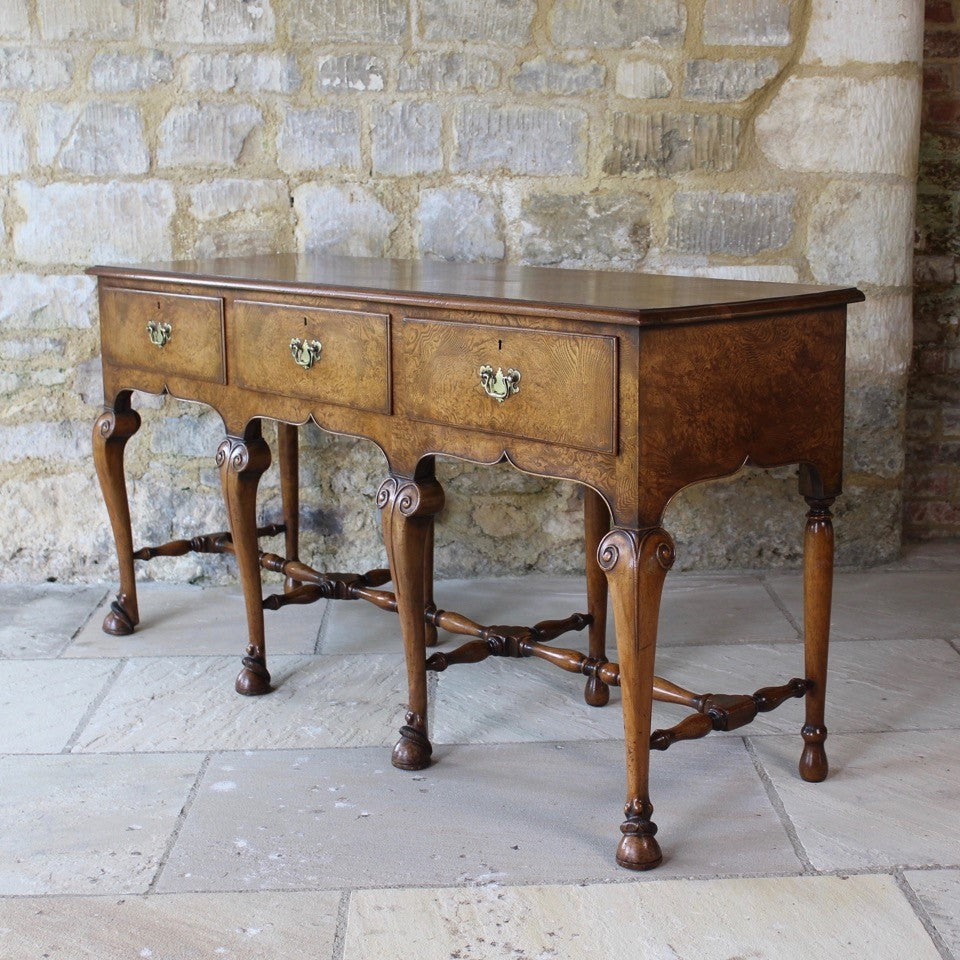 very-fine-quality-queen-anne-revival-serving-console-table-by-hamptons-pall-mall-london-beautifully-figured-pollard-oak-top-with-moulded-edge-drawers-brass-drop-handles-shaped-frieze-particularly-attractive-eight-crisply-carved-cabriole-legs-hoof-feet-united-by-turned-stretches-stylish-london-cabinet-makers-excellent-condition-wonderful-colour-console-sofa-table-tremendous-traditional-contemporary-settings-english-circa-1900-for-sale-damon-blandford-antiques-stow-on-the-wold-furniature-interior