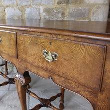 Load image into Gallery viewer, very-fine-quality-queen-anne-revival-serving-console-table-by-hamptons-pall-mall-london-beautifully-figured-pollard-oak-top-with-moulded-edge-drawers-brass-drop-handles-shaped-frieze-particularly-attractive-eight-crisply-carved-cabriole-legs-hoof-feet-united-by-turned-stretches-stylish-london-cabinet-makers-excellent-condition-wonderful-colour-console-sofa-table-tremendous-traditional-contemporary-settings-english-circa-1900-for-sale-damon-blandford-antiques-stow-on-the-wold-furniature-interior
