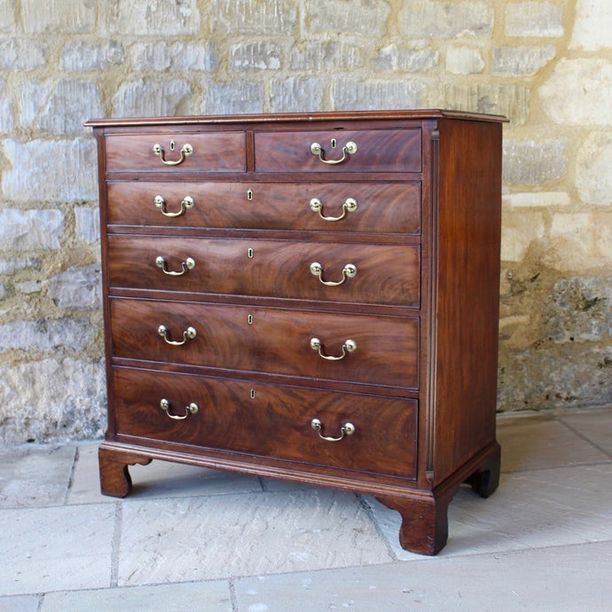 good-quality-C18th-century-mahogany-chest-two-short-over-four-long-graduated-drawers-canted-corners-bracket-feet-lined-in-oak-cock-beading-brass-swan-neck-handles-moulded-top-well-figured-cuts-mahogany-excellent-colour-condition-heavy-large-storage-space-excellent-condition-for-sale-damon-blandford-antiques-country-elegant-stroud-stow-on-the-wold-cotswolds-furniture