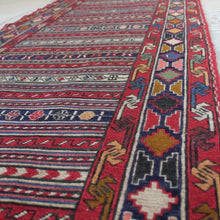 Load image into Gallery viewer, very-finely-woven-sumac-runner-hand-made-in-Iran-sumac-rugs-loom-kilims-weaving-technique-smooth-face-pair-of-kilims-sourced-together-look-feel-completely-unused-special-family-occasions-dowry-piece-wedding gifts-predominantly-red-green-pink-gold-blue-motifs-Iran-circa-1940&#39;s-1950&#39;s-for-sale-damon-blandford-antiques-phil-taylors-cool-stuff-stroud-gloucestershire-cotswolds

