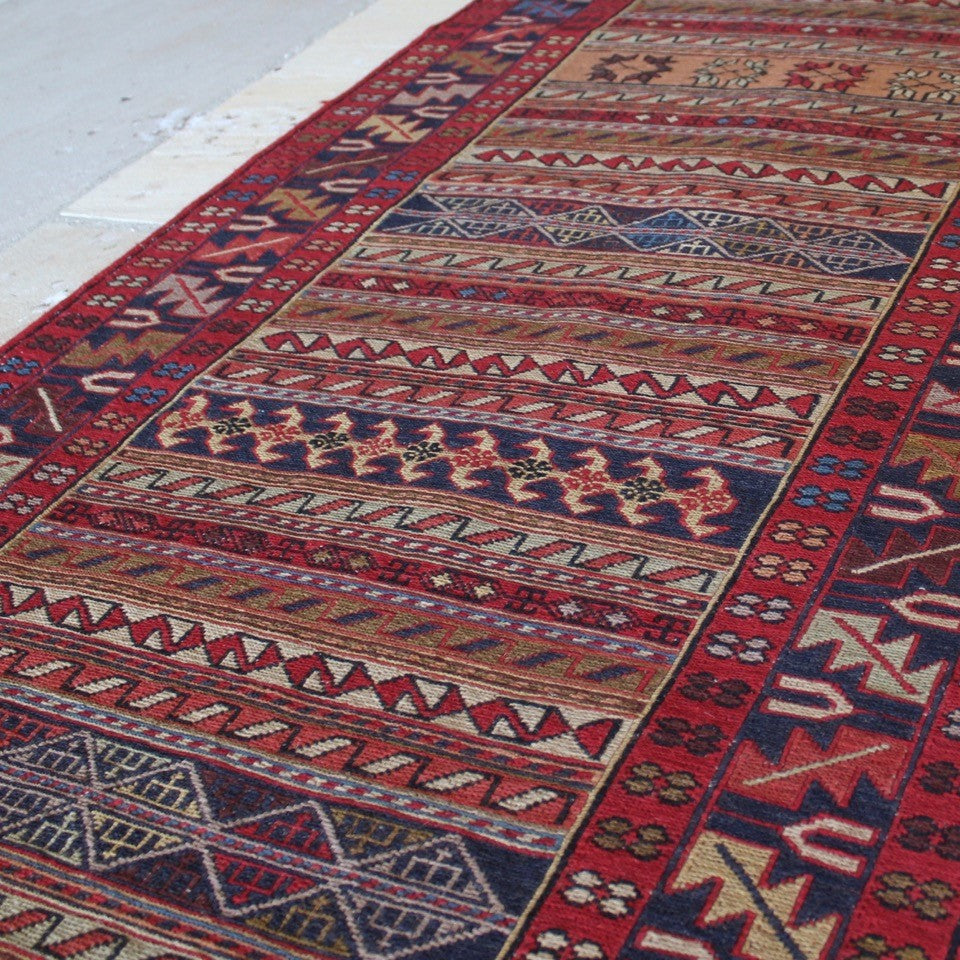 very-finely-woven-sumac-runner-hand-made-in-Iran-sumac-rugs-loom-kilims-weaving-technique-smooth-face-pair-of-kilims-sourced-together-look-feel-completely-unused-special-family-occasions-dowry-piece-wedding gifts-predominantly-red-green-pink-gold-blue-motifs-Iran-circa-1940's-1950's-for-sale-damon-blandford-antiques-phil-taylors-cool-stuff-stroud-gloucestershire-cotswolds