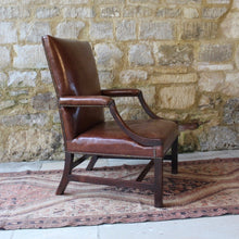 Load image into Gallery viewer, good-18th-century-english-georgian-library-gainsborough-armchair-generous-proportions-constructed-in-mahogany-square-shaped-back-flanked-by-upholstered-arms-concave-shaped-arm-supports-square-shaped-legs-united-by-H-shape-stretcher-very-good-solid-condition-re-upholstered-dark-tan-leather-english-circa-1770s-1780s-for-sale-damon-blandford-antiques-stroud-stow-on-the-wold-cotswolds-country-house-antiques-fine-furniture-seating
