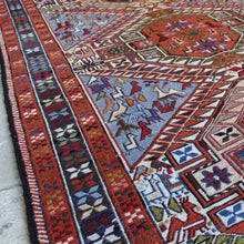 Load image into Gallery viewer, good-quality-highly-decorative-hand-woven-Shahsevan-tabriz-kilim-produced-north-west-Iran-large-central-medallions-central-field-borders-profusely-decorated-all-over-bird-animal-motifs-excellent-condition-rug-predominantly-burnt-orange-cream-blue-colour-magnificent-traditional-contemporary-setting-1960s-for-sale-damon-blandford-antiques-phil-taylors-cool-stuff-stroud-cotswolds
