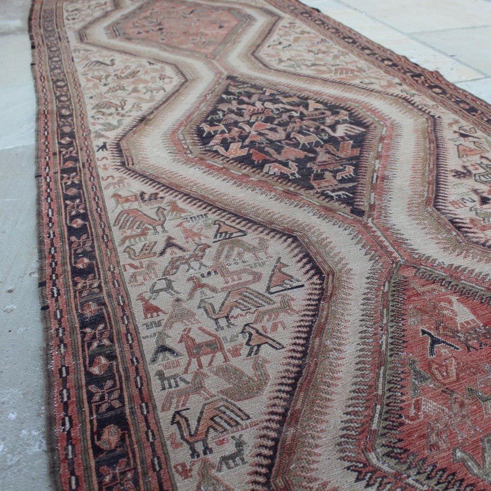 vintage-anatolian-sumac-runner-mutedcolours-pinks-reds-light-brown-dark-brown-black-design-features-large-central medallions-profusion-of-bird-animal-motifs-boarder-repeating-motifs-geometric-design-noahs-ark-eastern-anatolia-Iran-sumac-weeaving-technic-finely-woven-wonderful-both-traditional-contemporary-settings-anatolia-circa-1950s-for-sale-damon-blandfod-antiques-stroud-cotswolds-phil-taylors-cool-stuff