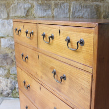 Load image into Gallery viewer, exceptionally-well-made-late-19th-century-teak-anglo-indian-chest-of-drawers-two-sections-blacksmith-forged-swing-carry-handles-upper-lower-sections-two short-three-long-drawers-brass-swan-neck-handles-molded-drawer-fronts-ebony-escutcheons-turned-feet-panel-back-quality-construction-incredibly-solid-well-made-military-campaign-travel-furniture-restricted-access-small-spaces-for-sale-damon-blandford-antiques-stow-on-the-wold-stroud-cotswolds-antiques-circa-1890
