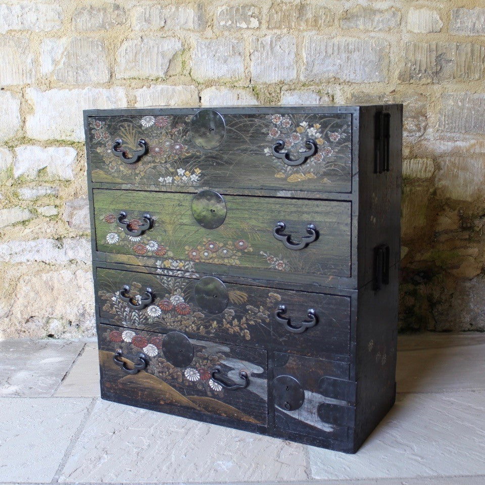 decorative-japanese-tansu-chest-fourth-quarter-edo-period-traditional-japanese-two-part-chest-iron-carry-handles-storing-clothing-decorated-chinoiserie-overlay-featuring-flowers-foliage-black-ground-long-short-drawers-door-drop-handles-incredibly-attractive-useful-storage-furniture-very-good-condition-japan-circa-1840-60-for-sale-damon-blandford-antiques-stroud-stow-on-the-wold-cotswolds-home-interior