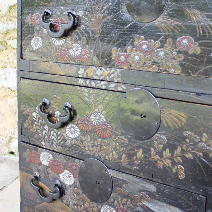 decorative-japanese-tansu-chest-fourth-quarter-edo-period-traditional-japanese-two-part-chest-iron-carry-handles-storing-clothing-decorated-chinoiserie-overlay-featuring-flowers-foliage-black-ground-long-short-drawers-door-drop-handles-incredibly-attractive-useful-storage-furniture-very-good-condition-japan-circa-1840-60-for-sale-damon-blandford-antiques-stroud-stow-on-the-wold-cotswolds-home-interior