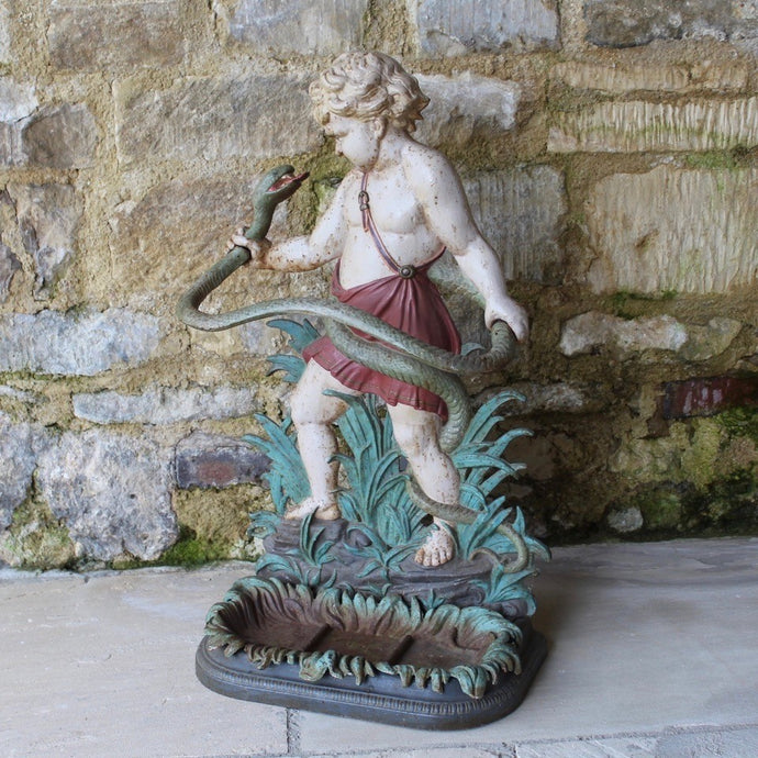 original-victorian-cast-iron-stick-umbrella-stand-young-Hercules-snake-greek-mythology-detailed-casting-probably-Colebrookdale-foundry-Shropshire-original-painted-finish-condition-excellent-age-use-for-sale-damon-blandford-antiques-stroud-stow-on-the-wold-cotswolds-interior-hallway-storage-decorative-design