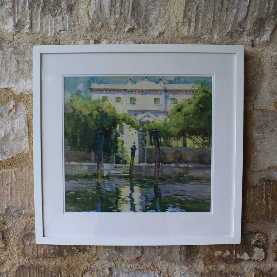 exhibited-royal-institute-of-painters-in-watercolours-paris-salon-society-of-women-artists-st-ives-society-of-artists-goupil-gallery-international-society-of-sculpters-painters-and-gravers-steps-gate-pillars-lush-green-foliage-mooring-pillars-mid-ground-shaped-cornice-blue-sky-use-of-colour-and-light-superb-bathed-in-light-reflecting-façade-contrast-shadowed-evokes-strong-desire