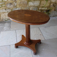 Load image into Gallery viewer, Good-william-IV-mahogany-pedestal-side-occasional-table-oval-top-inlaid-oval-sun-burst-motif-moulded-edge-shaped-freeze-octagonal-column-platform-base-bun-feet-highly-original-good-condition-aesthetic-appeal-useful-lamp-stand-drinks-table-circa-1930s-for-sale-damon-blandford-antiques-stow-on-the-wold-cotswolds-interior-design-antique-19th-century
