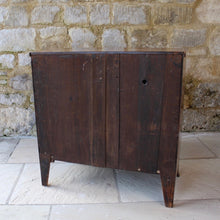 Load image into Gallery viewer, Attractive-early-19th-century-mahogany-bow-fronted-chest-of-drawers-bracket-feet-splayed at-foot-top-cross-banded-satinwood-stringing-two-short-two-long-drawers-cock-beading-drop-handles-drawers-lined-in-mahogany-fine-dovetailing-small-proportions-well-figured-veneer-particular-attractive-for-sale-damon-blandford-antiques-stroud-cotswolds-antique-storage
